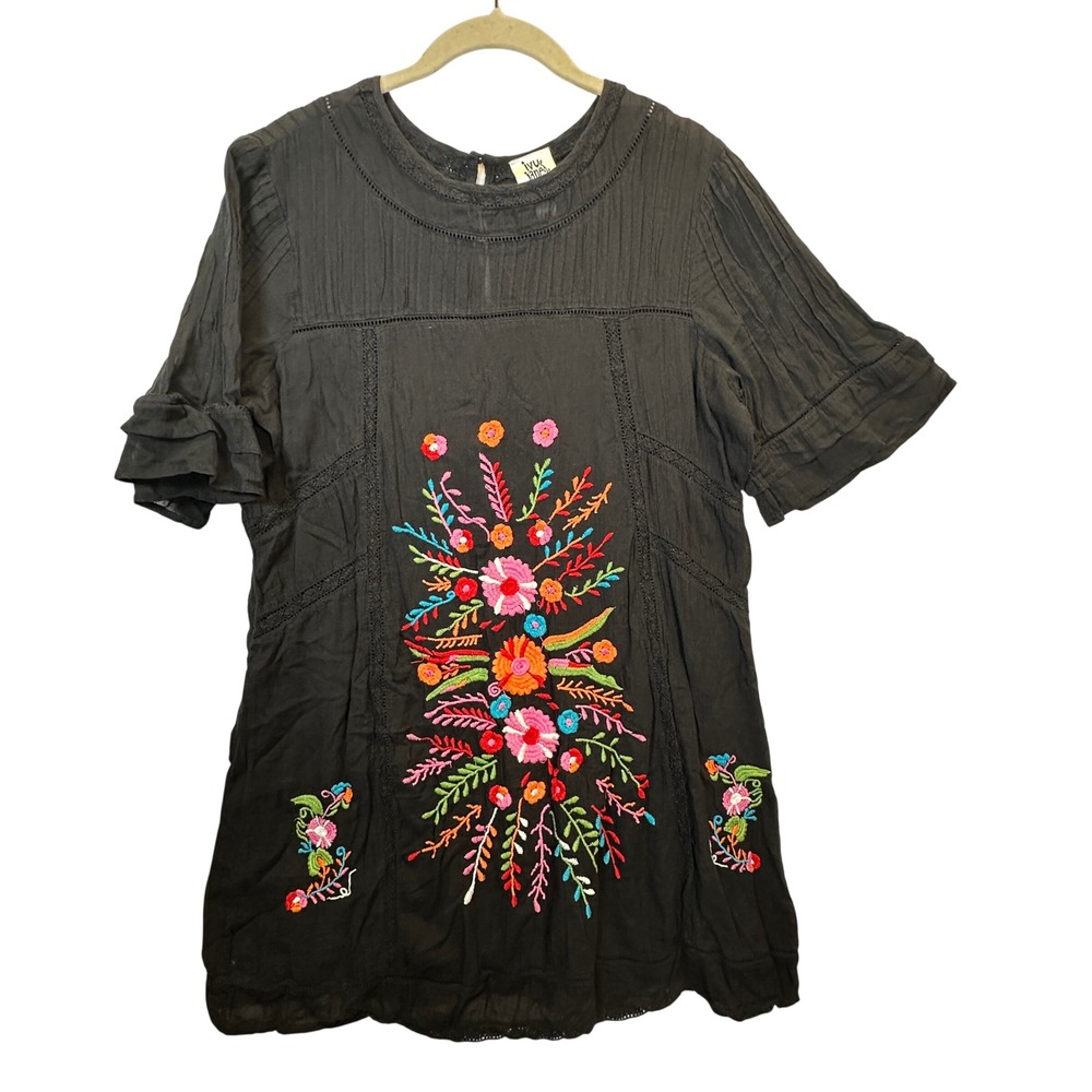 Ivy Jane Black Embroidered Floral Cotton Tunic Dress Short Sleeve Womens Medium